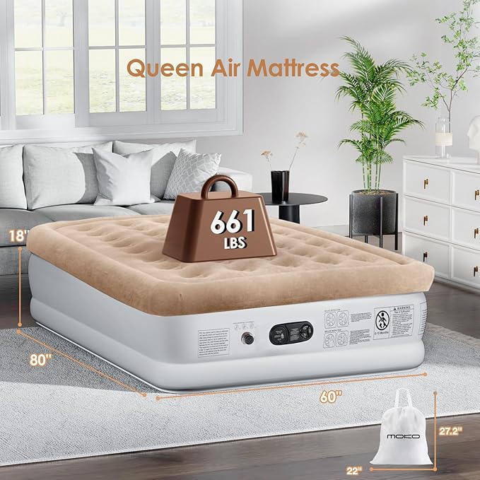 Air Mattress Queen with Built in Pump, 18'' Luxury Inflatable Mattress, 3 Min Fast Blow up Mattress with Dual-Chamber, Comfort Top - Velvety Air Bed for Home, Camping, Travel, Guests, White + Khaki