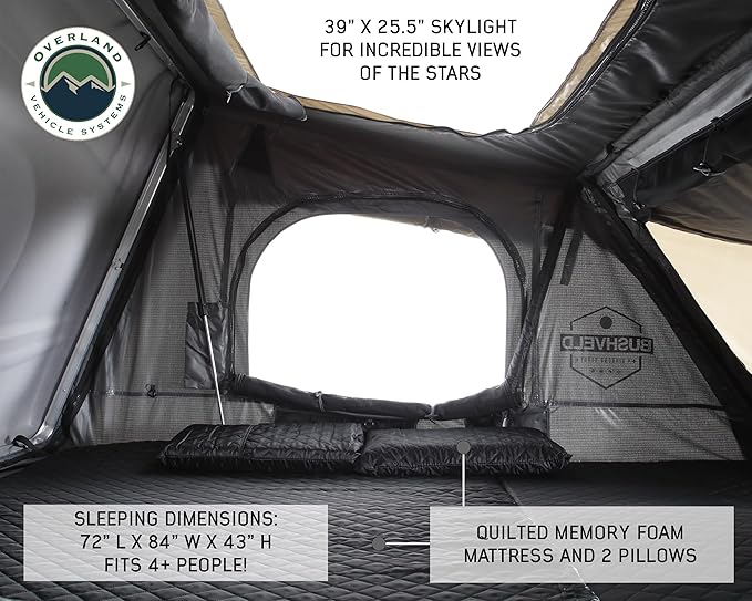 Overland Vehicle Systems Bushveld Hard Shell Clam Shell Roof Top Tent with Aluminum Base Dark Grey Body and Green Rainfly - 4 Person Tent - Four Seasons Ready
