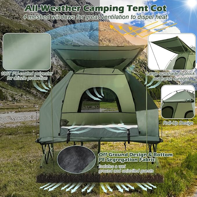 Tangkula 5-in-1 Tent Cot Combo With Awning, Air Mattress, Sleeping Bag, Pillow, Elevated Single Tent With Carrying Bag for Outdoor Camping, Hiking, Picnic, Travel