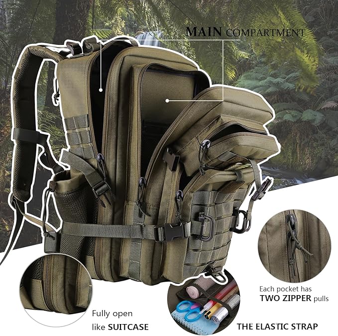 45L MOLLE Assault Backpack, Tactical Backpack Military Army Camping Rucksack with Bottle Holder, 3-Day Pack Trip w/USA Flag Patch, D-Rings, Olive