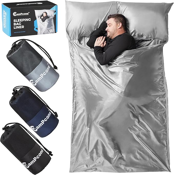 Silky Sleeping Bag Liner Cold/Warm Weather–XL Travel Sheets for Hotel 85"×52"– Lightweight Sleep Sack with Zipper & Pillow Pocket-100% Polyester Adult Sleep Sack - Hotel Sleeping Bag.