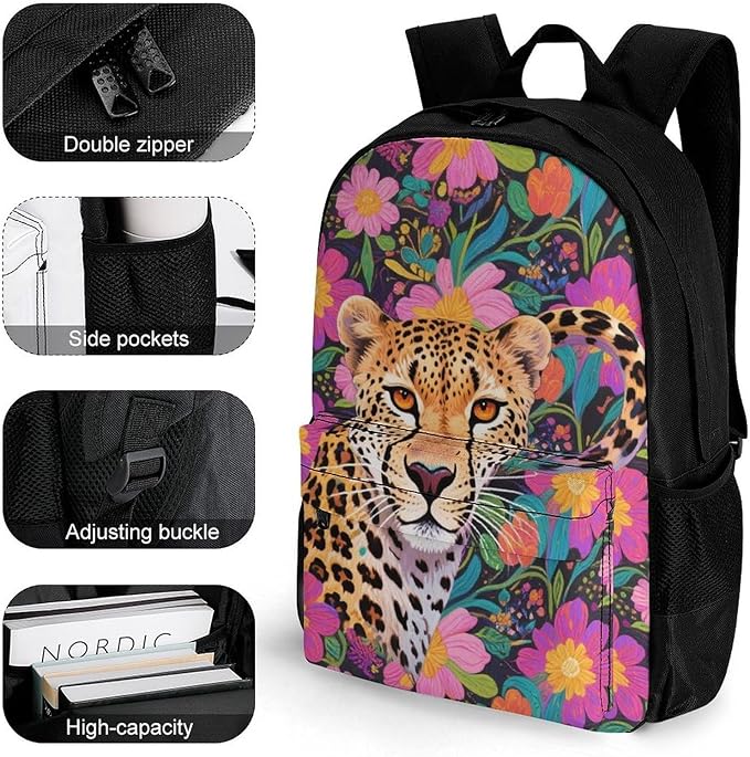 Daypack Polyester Anti-Theft Multipurpose Red Floral Leopard Cheetah Art Bookbag Big Capacity Gym Outdoor Hiking Backpack With Adjustable Shoulder Straps