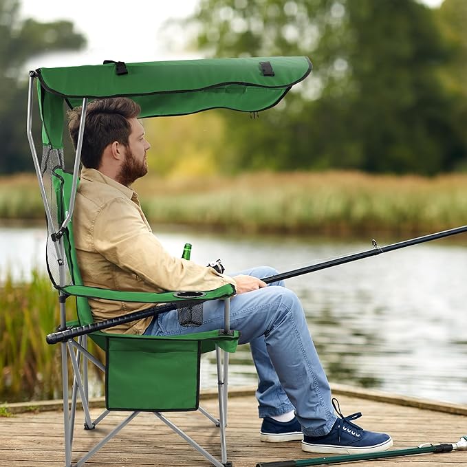 Elevon Camping Chair, Oversized Folding Chair with Canopy, Portable Outdoor Chair with Arms, Cup Holder and Carry Bag for Camping, Fishing, Beach, and Sports, Jasper
