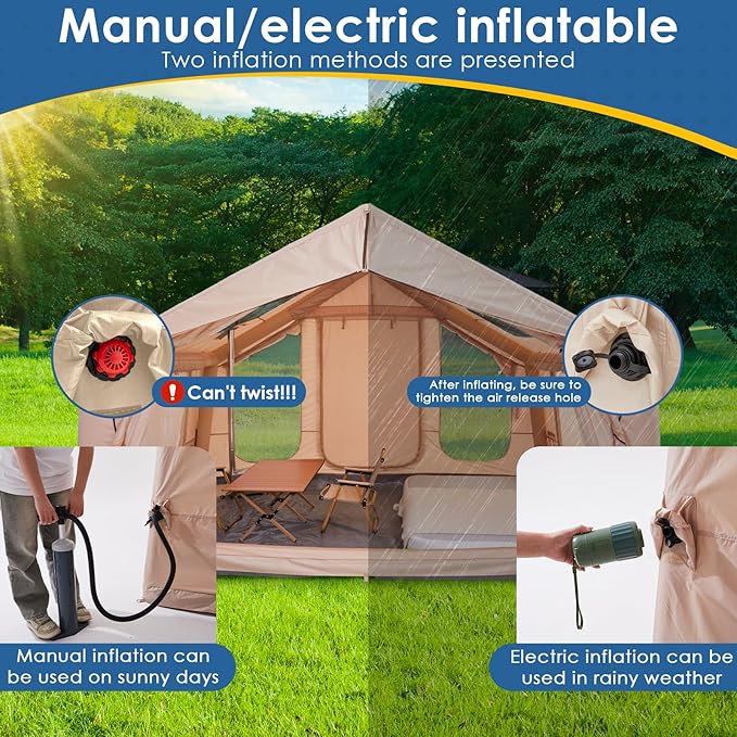 Inflatable Camping Tent with Electric Air Pump - 420D Heavy Duty Oxford - 5 Min Auto-Inflation - Panoramic Stargazing Skylight - 4 Season Luxury Glamping Cabin, 4-10 Person Multiple Sizes