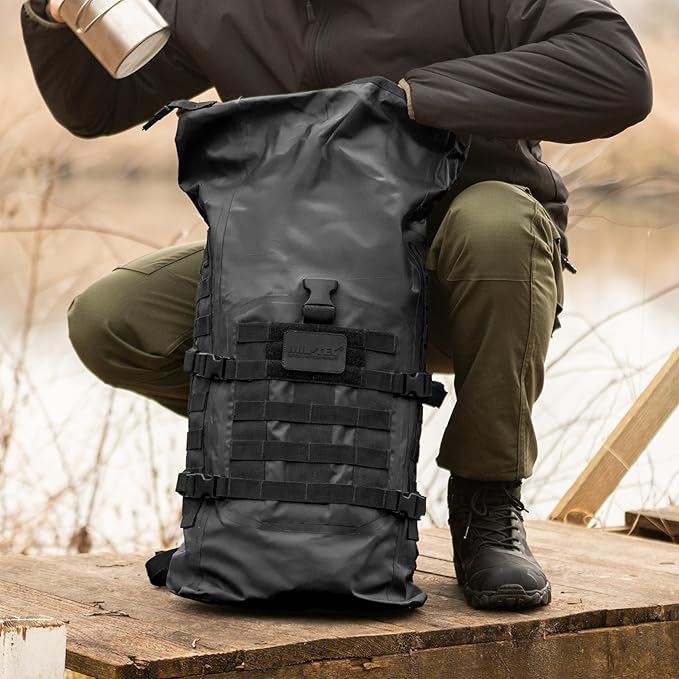 Mil-Tec Unisex 30L Tactical Seals Dry Bag - Secure Rugged Durable Waterproof Outdoor Kayaking Boating Camping Hiking MOLLE Backpack with Adjustable Wide Shoulder Straps & Padded Back, Black