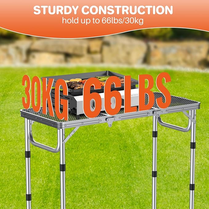 FUNYKICH 3ft Folding Grill Table for Outside 34.2''x15.7'', 3 Height Adjustable Portable Camping Tables, Lightweight Metal Aluminum Outdoor Table with Carry Handle for Camping, Picnic, BBQ, Silver