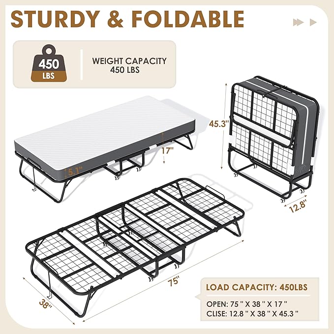 Bonusall Folding Bed with 5" Thick Memory Foam Mattress, Twin Size Rollaway Guest Bed for Adults, Sturdy Metal Frame Foldable Bed on Wheels, Portable Space-Saving Bed for Home & Office, 75" x 38" | 5" Memory Foam Base, 450 lbs Max Capacity, 360° Swivel...