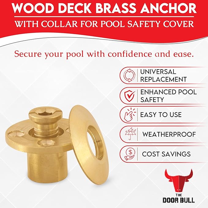 Wood Deck Brass Anchor with Collar for Pool Safety Cover. Universal Replacement for All Major Brand In-ground Swimming Pool Safety Covers (20 Pack)