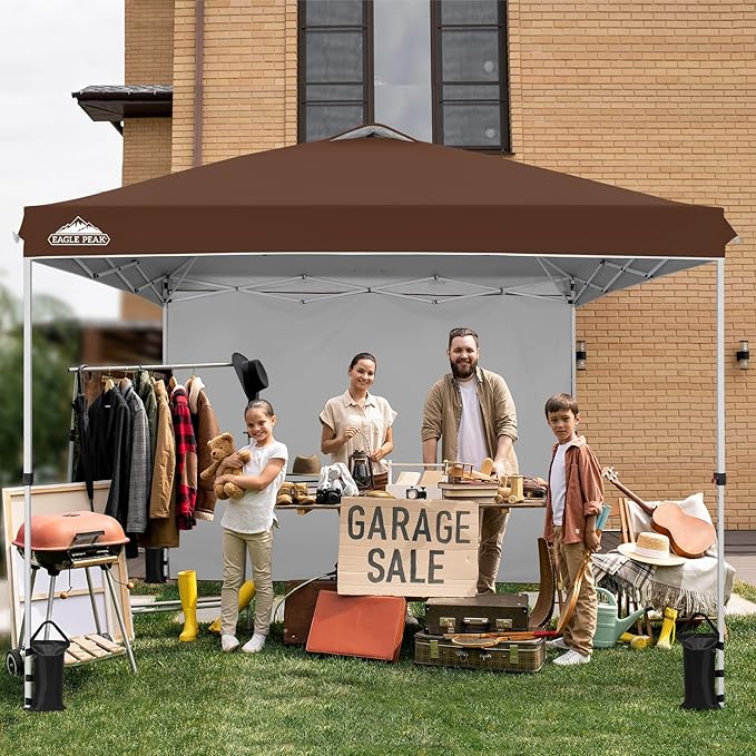 EAGLE PEAK Pop Up Canopy Tent with 1 Sidewall, Easy Setup Event Tent, Outdoor Sun Shade, Wheeled Carry Bag, Stakes and Guy Ropes, Instant Canopy 10x10, Dark Brown