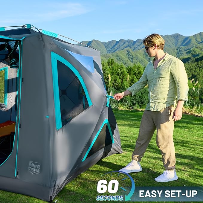TIMBER RIDGE Camping Tent, 4 Person Instant Pop Up Hub Tent with 8 Windows, Easy 60 Second Setup, Weather Resistant Family Cabin Tents with Rain Fly for Camping, Hiking, Outdoor Travel