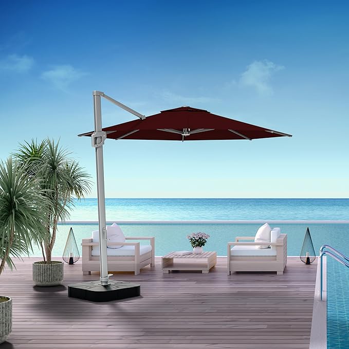 Midtown Umbrellas 10 Ft Outdoor Cantilever Patio Umbrella w/Sunbrella Burgundy Fabric - Tilt 360° Rotate Offset Patio Umbrella, Deck Patio Umbrella, Backyard Umbrella & Garden Umbrella - Silver Frame
