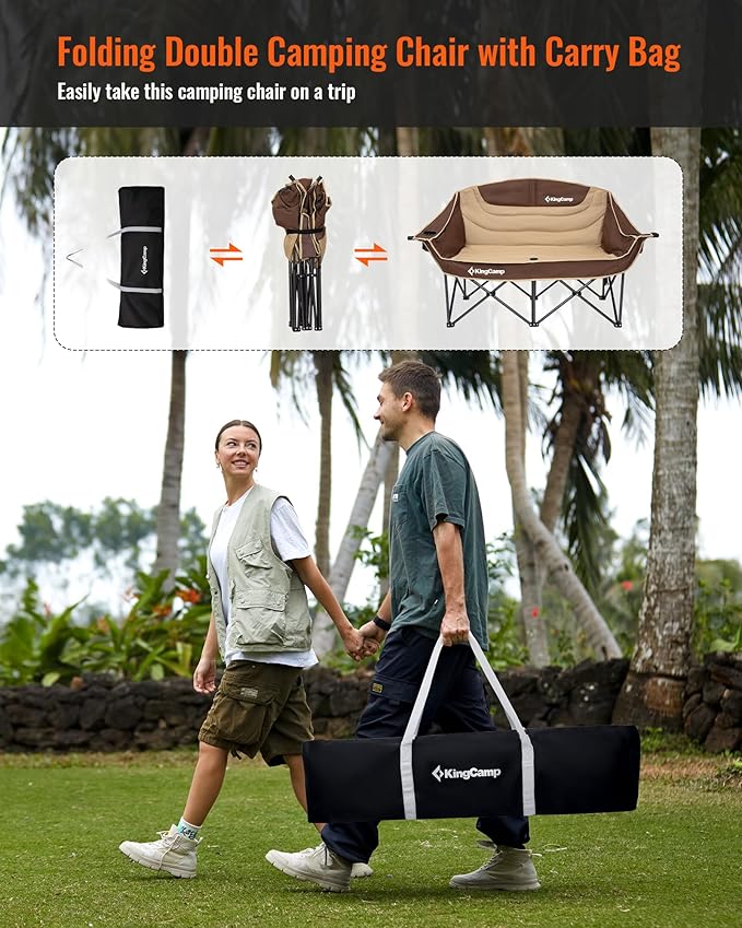 KingCamp Double Camping Chair, Oversized 660lbs Heavy Duty Loveseat for Adults Portable Folding XL 2 Person Couch Padded Comfortable Two Seat with Cup Holder for Outdoor Lawn Backyard, Khaki/Coffee