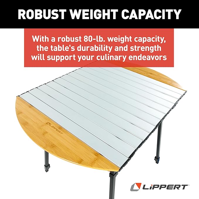 Lippert Bamboo/Hammer Grey Roll Top Camping Table with Powder-Coated Aluminum Top/Frame, Durable Bamboo Edges, Foldable Design, Adjustable Legs, Lightweight Construction - 2023053727