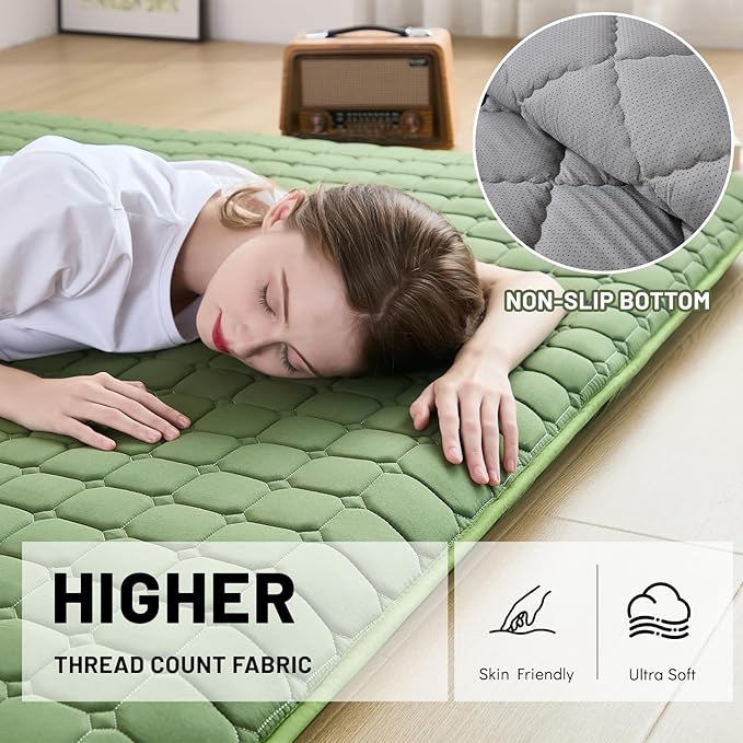Japanese Floor Mattress Twin, Anti-Slip Japanese Futon Roll Up Tatami Mat for Guests, Green