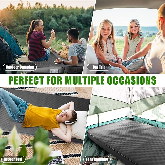 Self Inflating Sleeping Pad for Camping, 4" Extra-Thick Memory Foam Camping Mattress with Electric Pump, Fast Inflate & Deflate, 9.5 R-Value Insulated Camping Pad for Car Travel Tent Cot, Grey