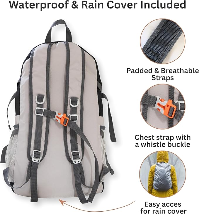 Foldable Backpack with Rain Cover - Multiple Pockets - Waterproof Lightweight Packable Backpack for Travel Camping, 35L Hiking Foldable Daypack for Men Women Black