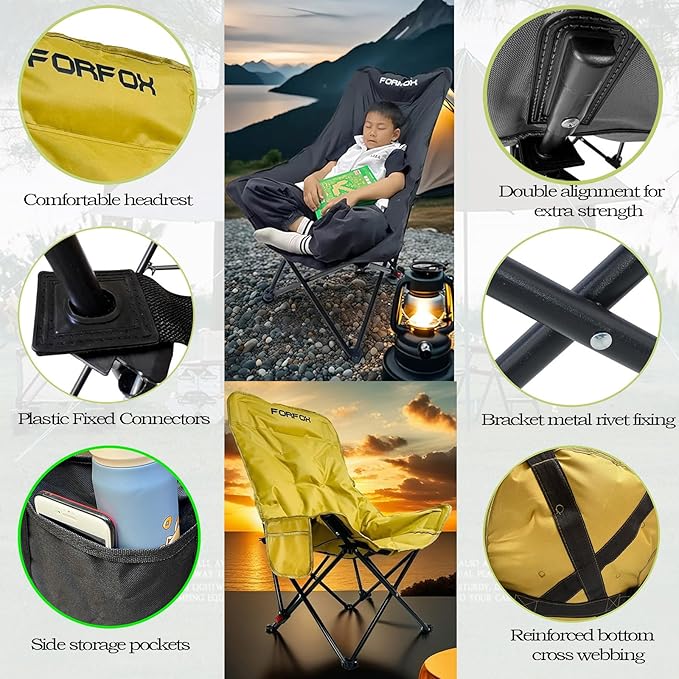 Adjustable Portable Folding Camping Chair with High Back, Side Pockets, Headrest, Lightweight Lawn Chair for Outdoor Camping, Beach, Leisure and Adults (Khaki Cotton Thickened)