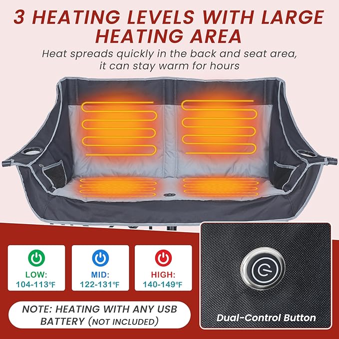 DoCred Heated Double Camping Chair, Heated Folding Camping Chairs Loveseat Outdoor Sports,Heating Oversized Loveseat Chairs for Adults,2 Person Camp Chair with 3 Heat Levels, Battery NOT Included