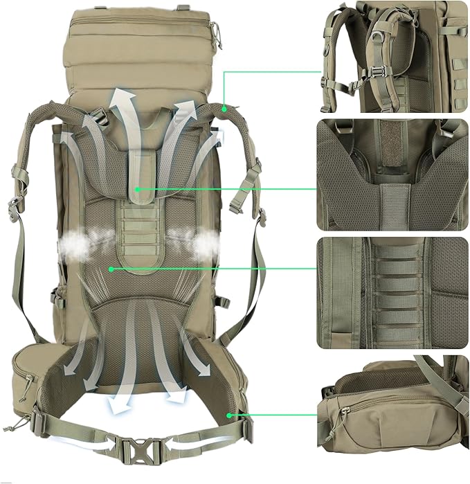 Zsearaymy 75L Hiking MOLLE Backpack with Internal Frame & Rain Cover for Tactical, Camping, Backpacking, Survival Travel (OD.Green)