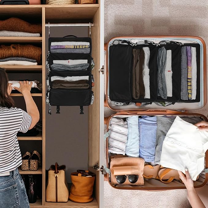 Surblue Travel Hanging Packing Cubes with 2 Hooks Hanging Shelves for Luggage Organizers Portable Compression 4 Shelf Closet Carry-on Suitcases Organizers, Medium, Black