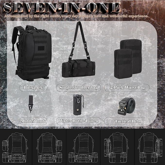 60L Tactical Backpack Military 3-Day Assault Pack, Waterproof Molle System Rucksack with Detachable Bag, Survival Bug Out Backpack for Men & Women(Black)
