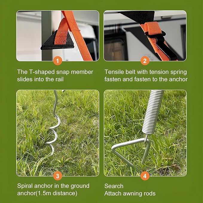 RV Awning Tie Down Kit, Campers Awning Anchors Accessories, Wind Protection RV Awning Anchor Kit, Includes Ratchet Strap, Buffer Tension Spring and Storage Bag for Most Campers Outdoor Camping
