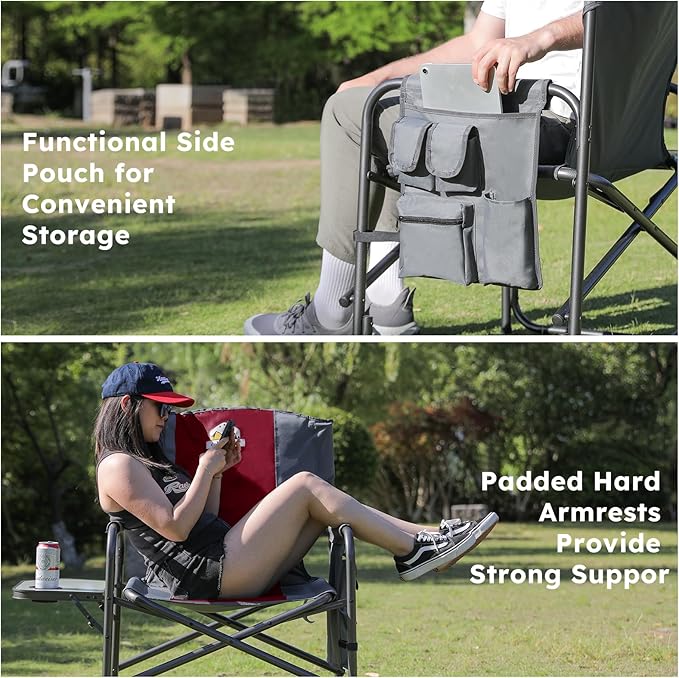 Oversized Directors Camping Chair Set of 2 Support 600 LBS, Heavy Duty Folding Outdoor Chairs with Detachable Side Pocket and Adjustable Side Table for Outside Beach,Lawn,Fishing (Red)