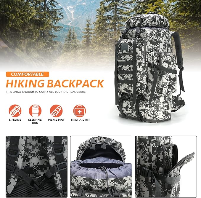 70L/100L Hiking Camping Backpack MOLLE Rucksack Waterproof Daypack for Traveling (City Camo)