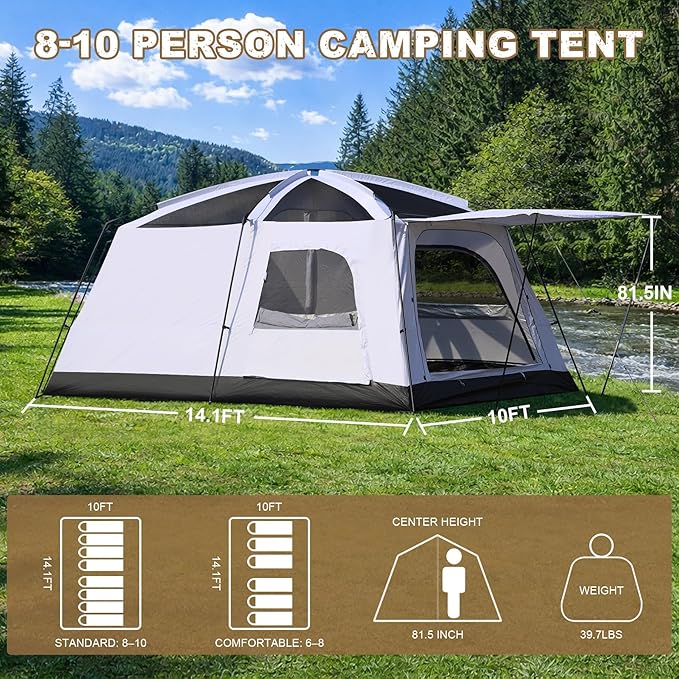 4-6 Person Camping Tent, Large Family Cabin Tents with Porch & Rainfly, Double Layer Waterproof Glamping Tent with 2 Rooms 2 Doors, Portable Big Tents for Outdoor Camping Hiking Party