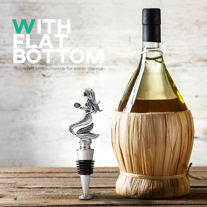 Homestia Wine Stoppers for Wine Bottles, Mermaid Wine Beverage Bottle Stopper, Stainless Steel Reusable Wine Corks with Silicone Seal, Bottle Cover Leak proof Keep Fresh