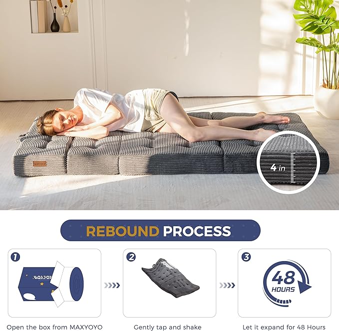 MAXYOYO Folding Mattress, 4 Inch Tufted Foldable Mattress Full Foam Bed, Tri-Fold Floor Couch with Handles Guest Bed Topper Portable Camping Mat with Corded Fabric, Twin Size, Dark Grey