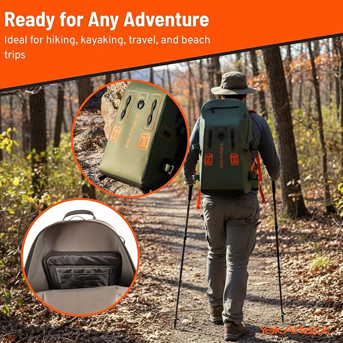 YakAttack 28L DryPak Waterproof Backpack - Green/Orange | Floating Marine Dry Bag Pack with Padded Straps for Kayaking, Fishing & Hiking | 10" x 22" x 12" | Lightweight Outdoor Gear & Storage Drybag