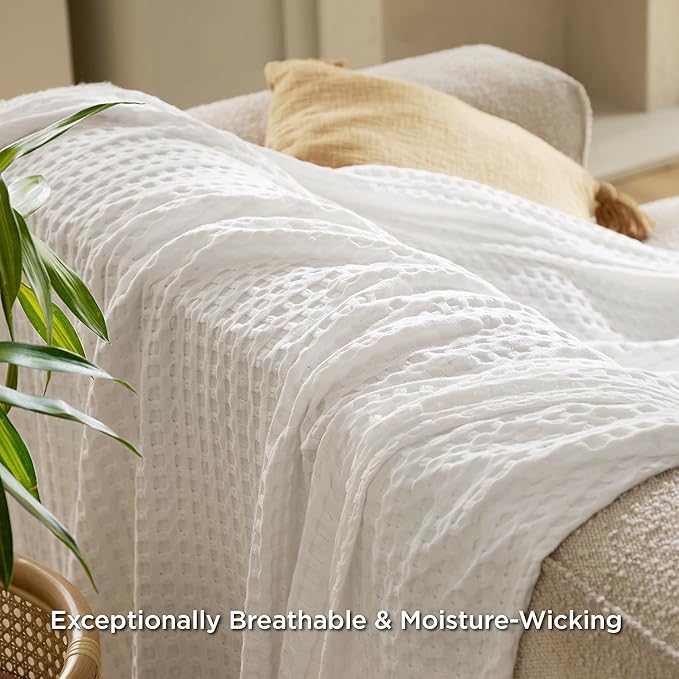 Bedsure Cooling Cotton Waffle King Size Blanket - Lightweight Breathable Summer Blanket of Rayon Derived from Bamboo for Hot Sleepers, Luxury Throws for Bed, Couch and Sofa, Ivory, 104x90 Inches