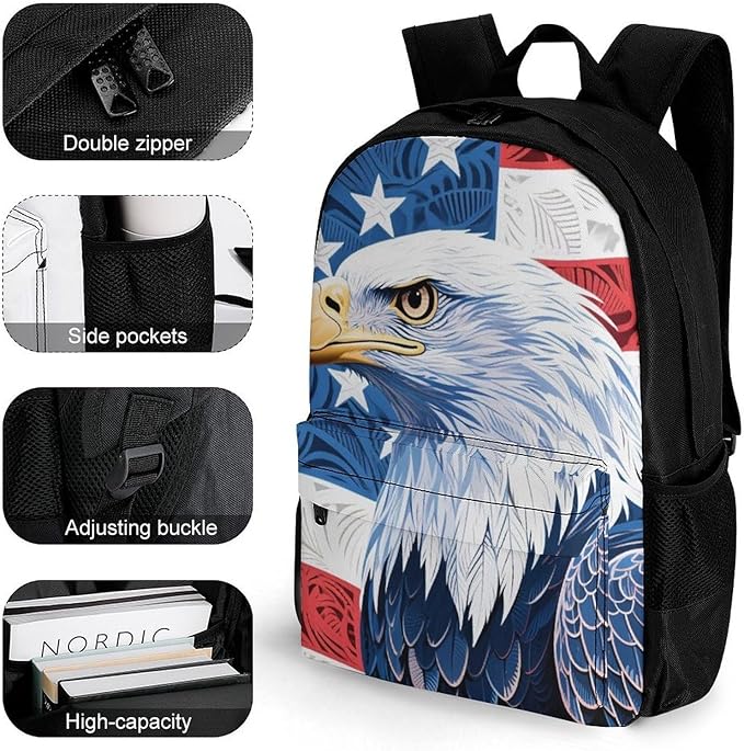Daypack Backpack Multipurpose Anti-Theft Large Capacity Bookbag, American Flag Eagle Art Travel Hiking Camping Rucksack With Adjustable Shoulder Straps