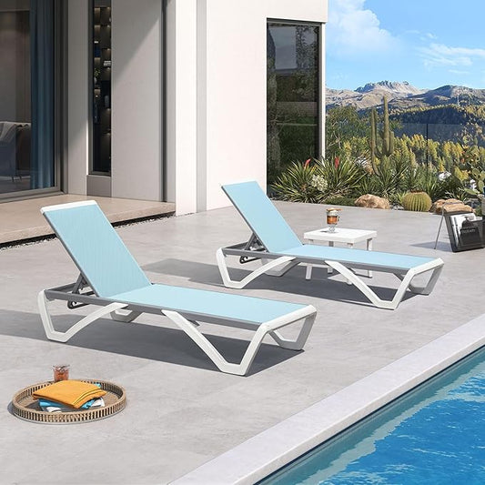 PURPLE LEAF Patio Chaise Lounge Chair Set of 3 Outside Aluminum Plastic Stackable Tanning Chairs for Pool Sunbathing Beach Deck Outdoor Lounger, Light Blue