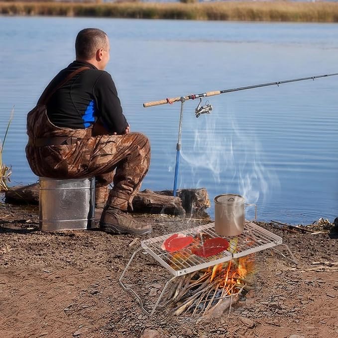 REDCAMP Folding Campfire Grill 304 Stainless Steel Grate, Adjustable Height Portable Camping Grill with Carrying Bag for Outdoor Cooking BBQ