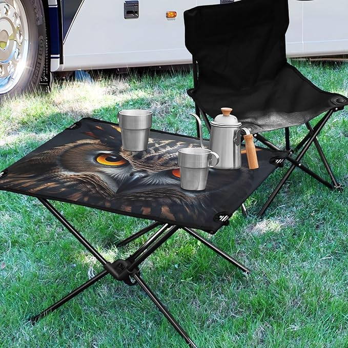 Owl with Orange Eyes Portable Folding Camping Table, Compact Lightweight Beach Table with Carrying Bag for Outdoor Picnics, BBQs, Camp