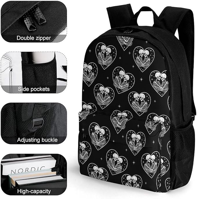 Supdreamc Men Women Lightweight Black White Love Kiss Skull Skeleton Casual Daypack Big Capacity Bookbag With Padded Straps for Gym Travel Walking Cycling