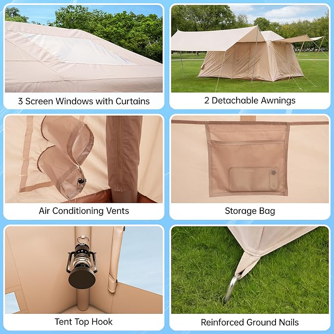 Inflatable Camping Tent with Pump & 1/2 Awnings, 8-14 Person Air Tents for Camping Adult, Large Waterproof Oxford Family Glamping Tent, Quick Setup Big Tent for Outdoor Camping