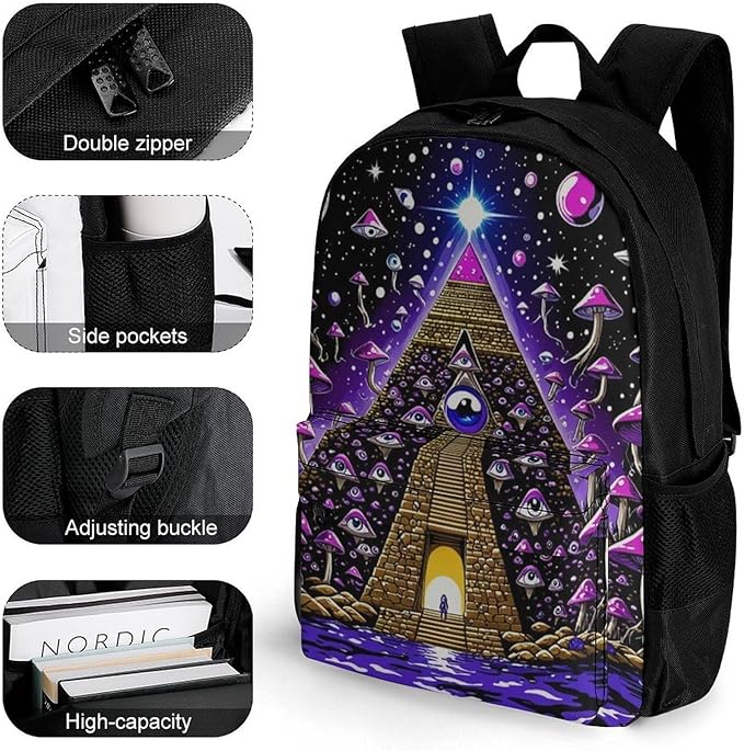 Polyester Daypack for Camping Travel Walking Cycling, Big Capacity Anti-Theft Multipurpose Bookbag, Psychedelic Egyptian Pyramid Eye Mushroom Art Camping Outdoor Backpack