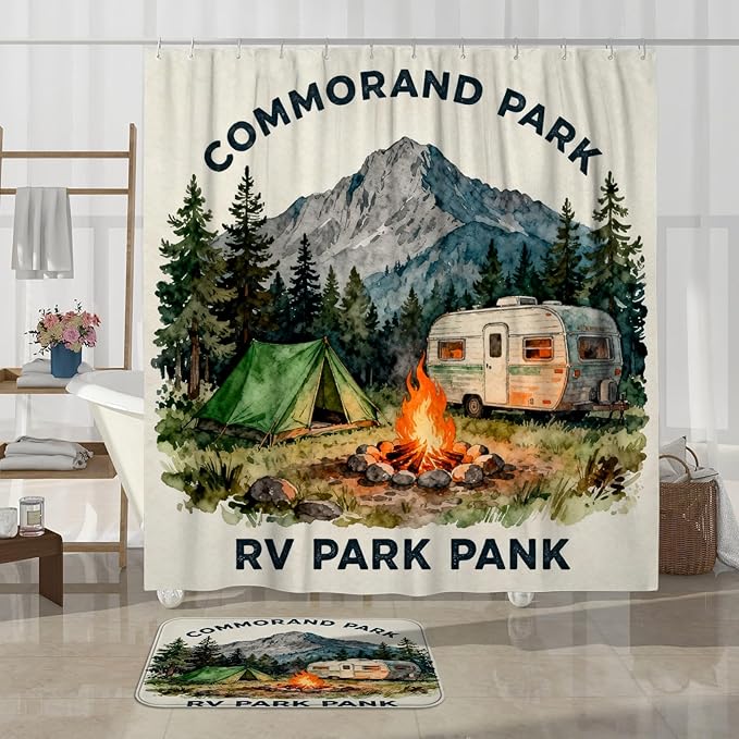 Mountain Shower Curtain Sets, Outdoor Adventure Tent Campfire Summer Green Waterproof Fabric Bathroom Cloth Shower Curtain and Rug Set Decorative for Toile Guest Room 72x72 Inch