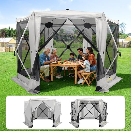 6 Sided Pop Up Gazebo Tent, Camping Screen Tent for 6-8 Person Foldable, Pop-Up Canopy Shelter with Mesh Windows, UV Resistant, Quick Set, Outdoor Gazebo with 6 Removable Wind Cloths