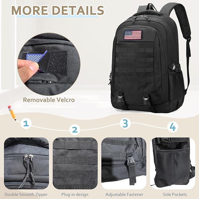 Tactical Backpack - 19'' Waterproof School Bag for Kids, 15.6" Laptop Compartment & MOLLE Webbing for Camping Hiking Travel