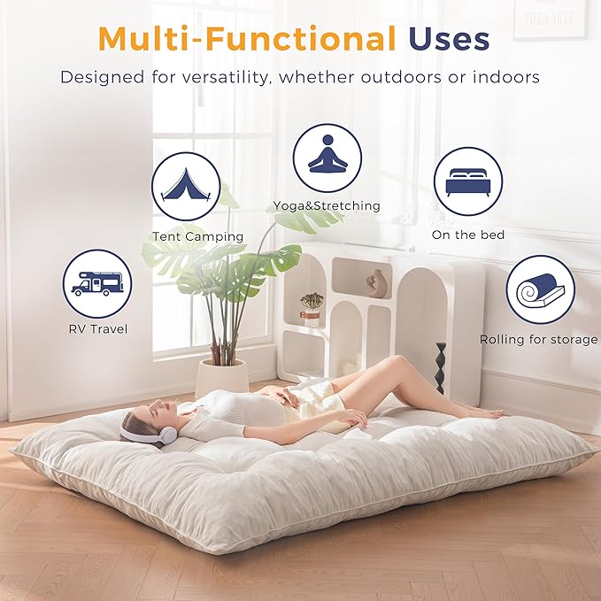 MAXYOYO Floor Mattress Full Size, 6" Chenille Japanese Futon Mattress Foldable Floor Bed for Adults Tufted Roll Up Floor Couch Bed, Tatami Mat Sleeping Pad for Living Room, Bedroom, Beige