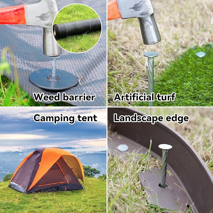 50 Pack 10-Inch Spiral Landscape Stakes wifh 50 Gasket, Heavy Duty Galvanized Metal Garden Landscape Stakes Kit for Securing Weed Barrier, Landscape Fabric, Artificial Grass, Floor Mat