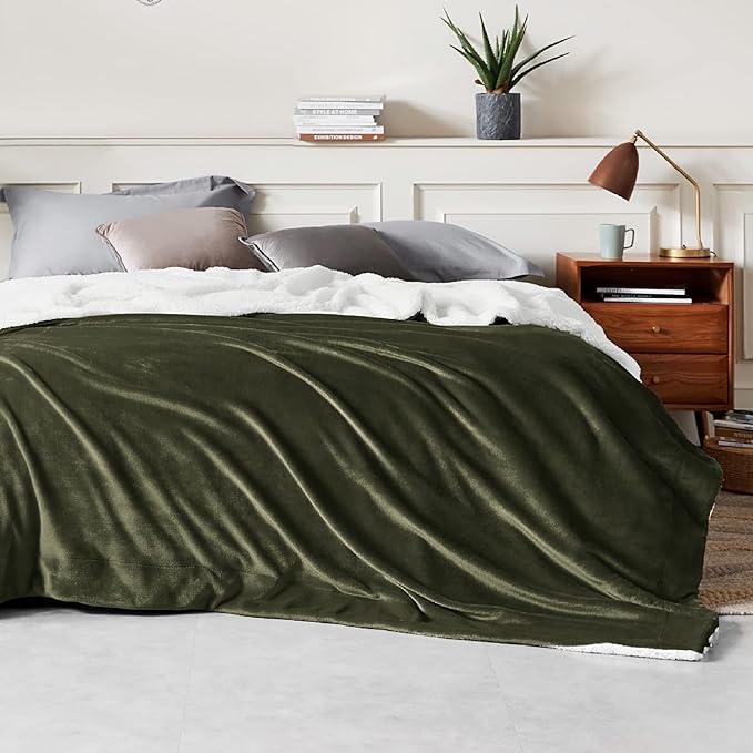 Bedsure GentleSoft Sherpa Fleece Blankets Queen Size for Bed - Thick and Warm, Soft Fuzzy Plush Queen Blanket for Winter, Olive Green, 90x90 Inches