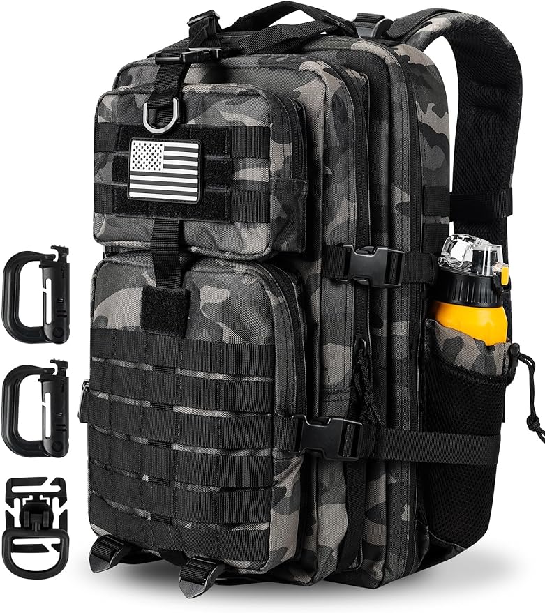 45L MOLLE Assault Pack, Tactical Backpack Military Army Camping Rucksack with Bottle Holder, 3-Day Pack Trip w/USA Flag Patch, D-Rings, Black Camo