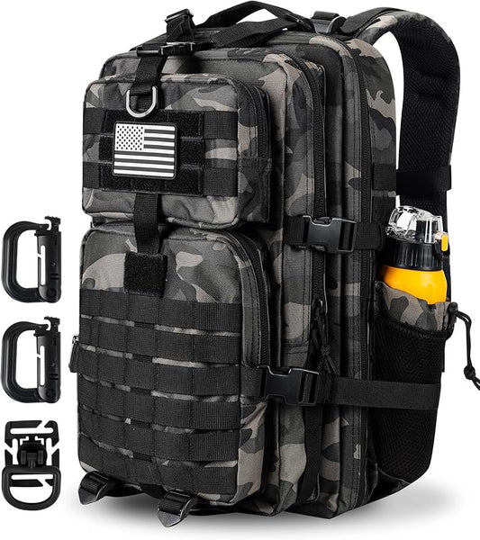 45L MOLLE Assault Pack, Tactical Backpack Military Army Camping Rucksack with Bottle Holder, 3-Day Pack Trip w/USA Flag Patch, D-Rings, Black Camo