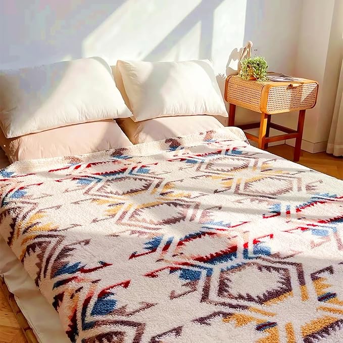 UKELER Boho Sherpa Throw Blanket 60'' × 80'', Sherpa Fleece Blanket for All Season, Southwestern Aztec Throw Blanket, Native American Cozy Blanket for Bed/Couch/Sofa/Office/Camping
