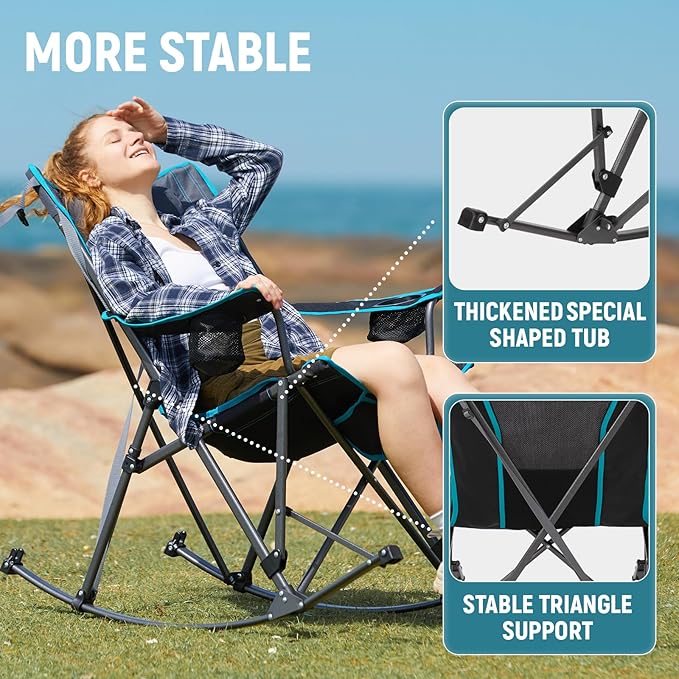 FUNDANGO Rocking Camping Chair, High Mesh Back Portable Folding Camp Chairs with Pillows, Cup Holder and Carry Bag for Lawn Patio Garden Outdoor Supports 300 Lbs (Black/Blue)